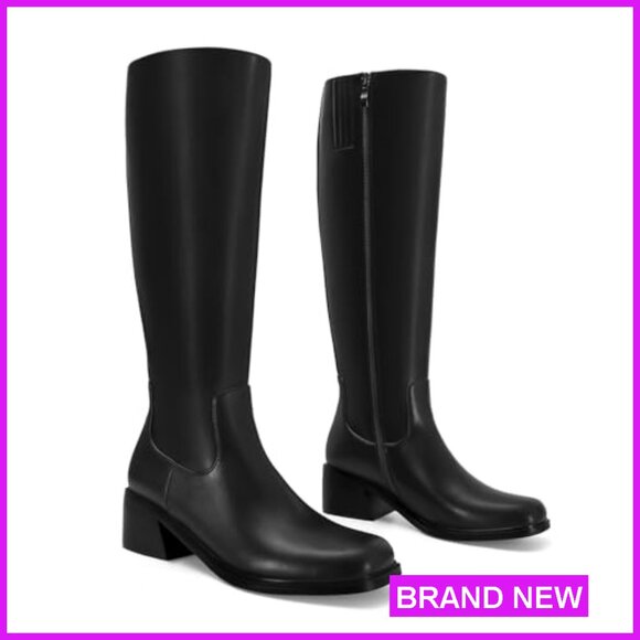 Knee High Boots Square Toe Chunky Block Heel Riding Boots Side Zipper - Picture 4 of 7